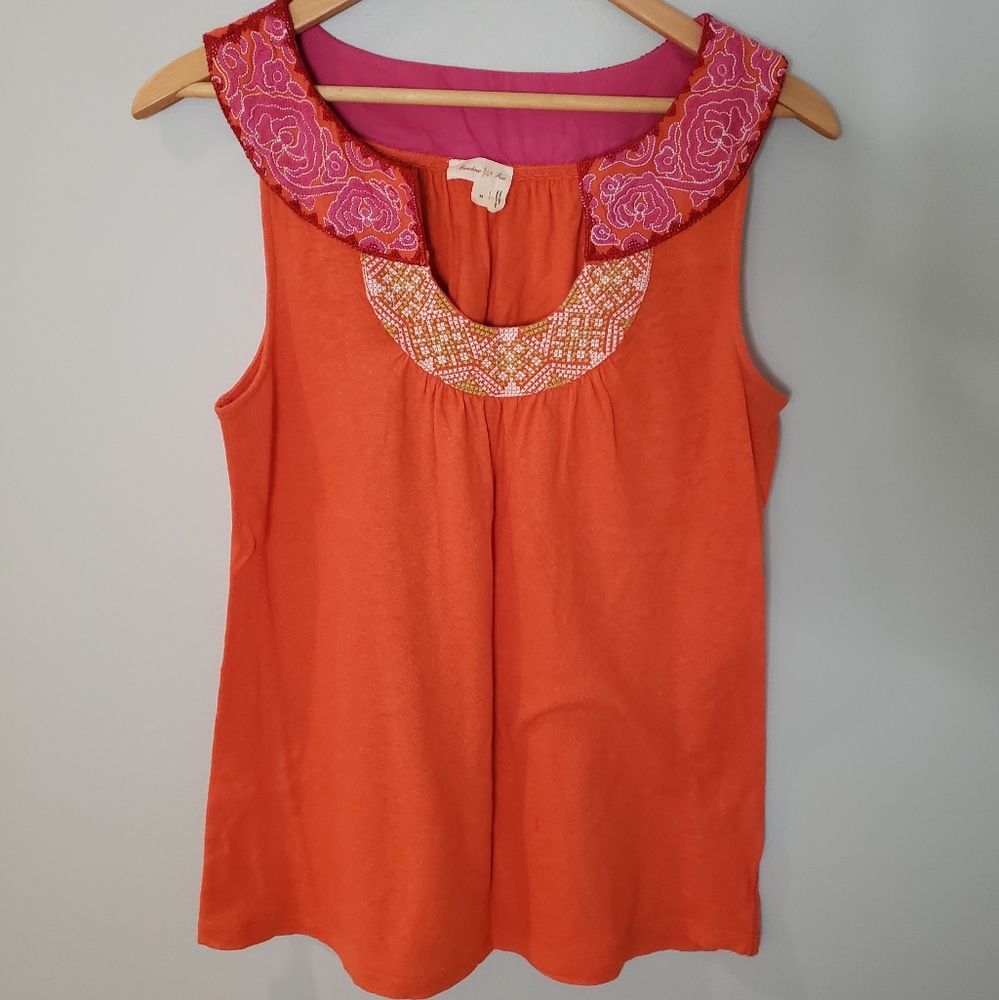Meadow Rue Anthropologie Embroidered Cross Stitch Linen Tank M